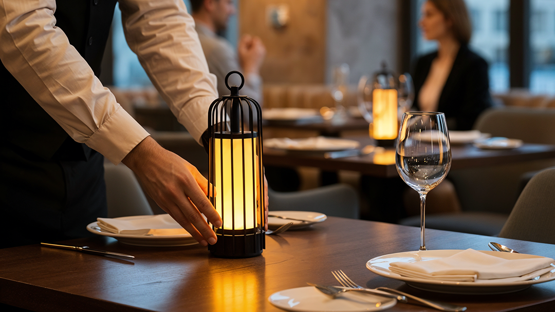Kafes Tipi Pilli Masa Lambası Restoran Projesinde Aplik ile Uyumlu